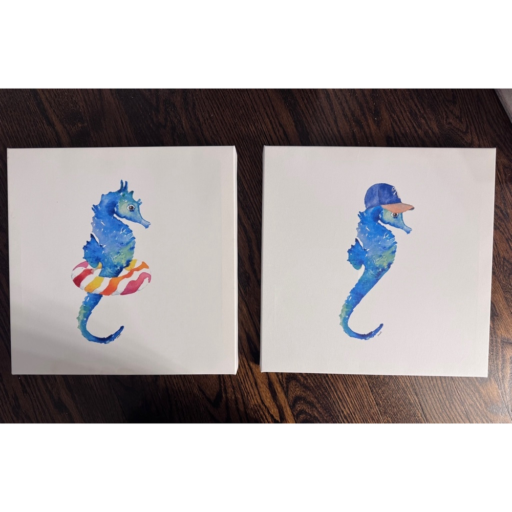 Set of 2 Seahorse Canvas Wall Art - Coastal Watercolor Decor